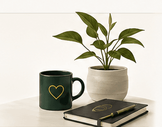 Plant, coffee cup, and notebook on a warm table